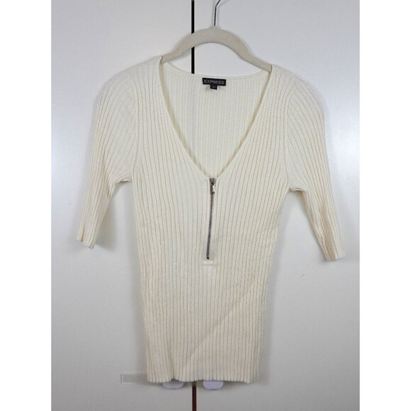 Express Ribbed Zip Front Elbow Sleeve Sweater - Picture 4 of 6